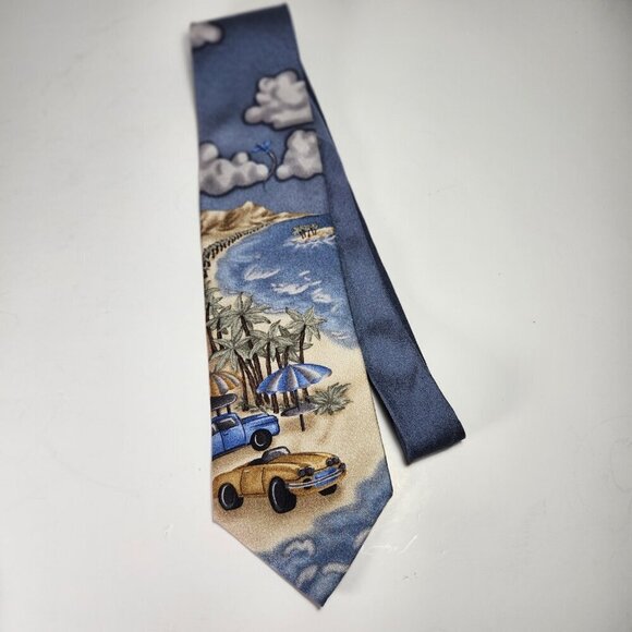 Tropicals by Tango Necktie Men's 100% Silk Tie Tropical Beach Scene Cars Ocean - Picture 4 of 11